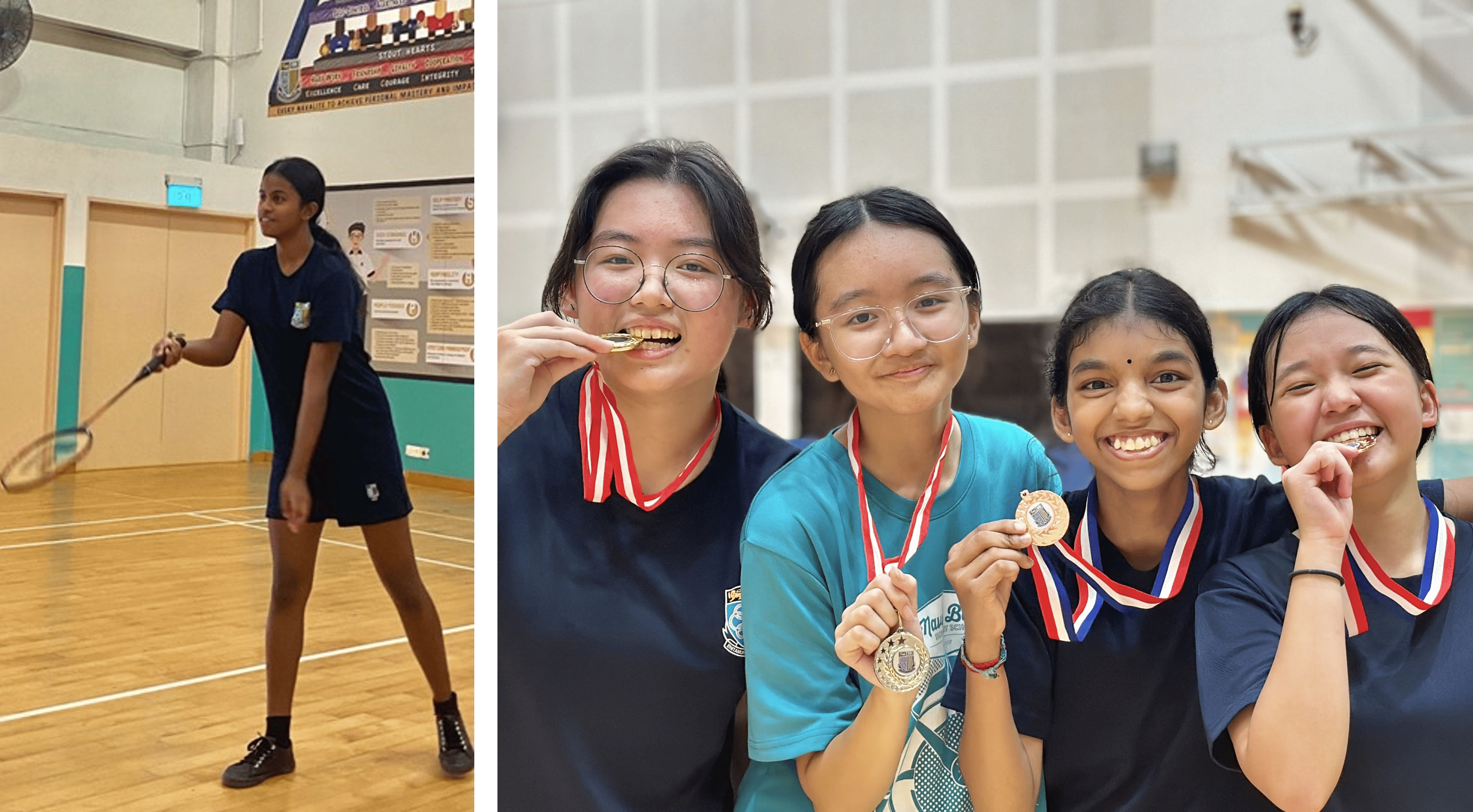 Left: girl plays badminton in a gym; right: four girls smile, wearing medals and biting them.