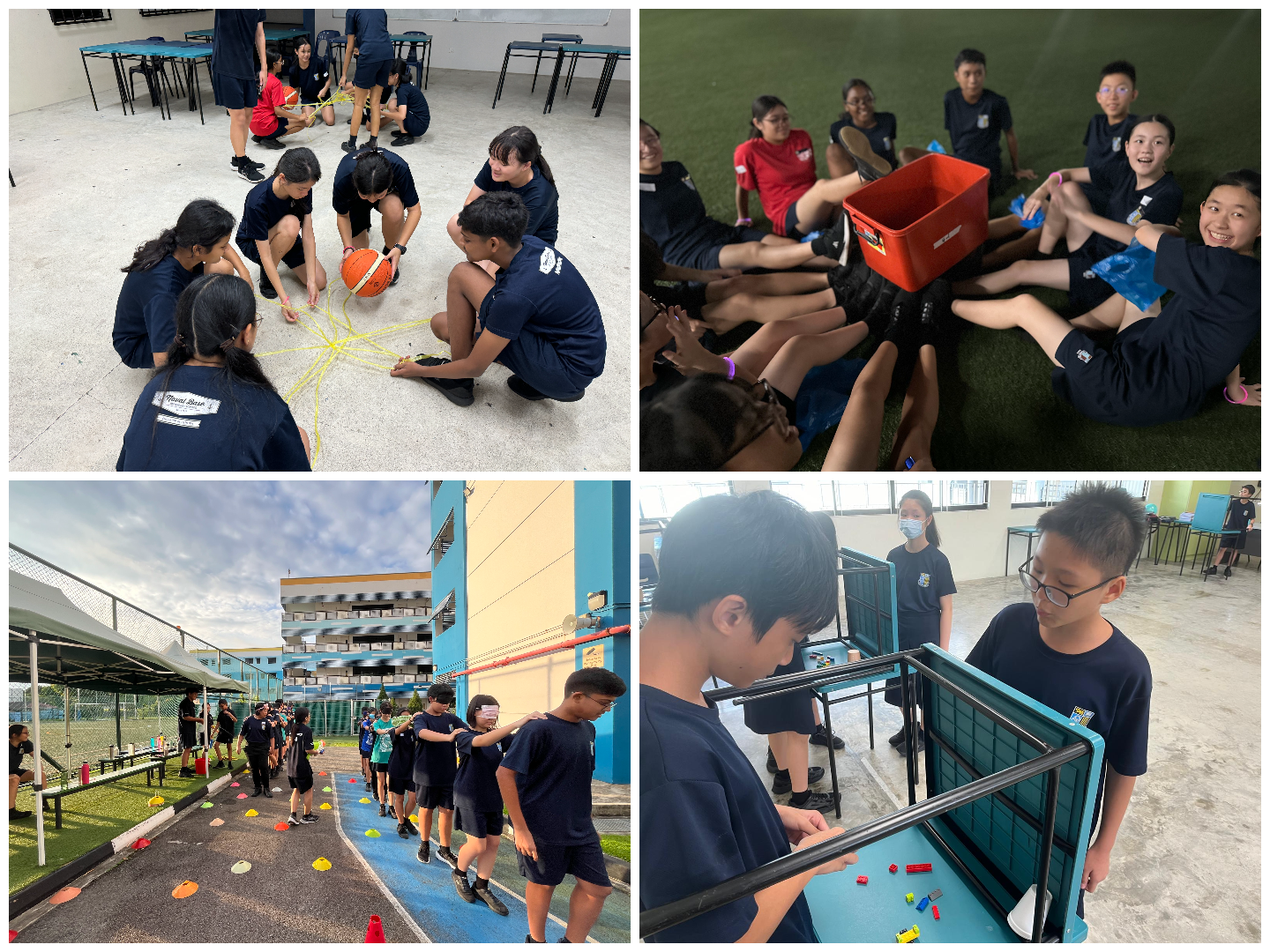 Four scenes of school students in navy uniforms doing team-building activities indoors and outdoors.