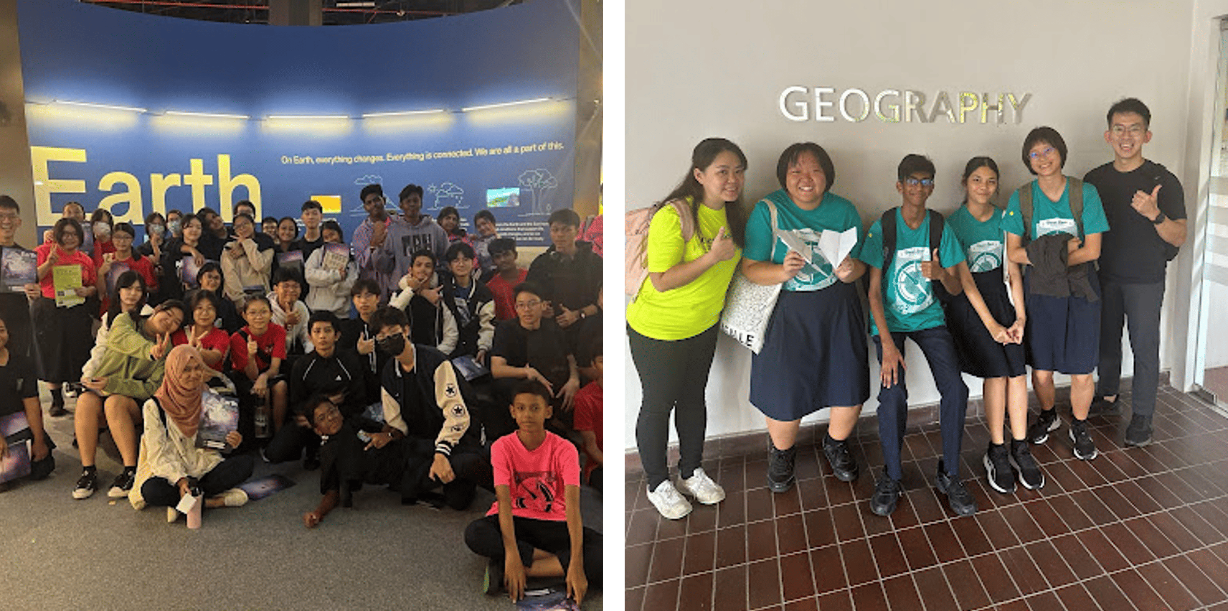 Two group photos of students: one in front of an Earth exhibit, another posing under a Geography sign.