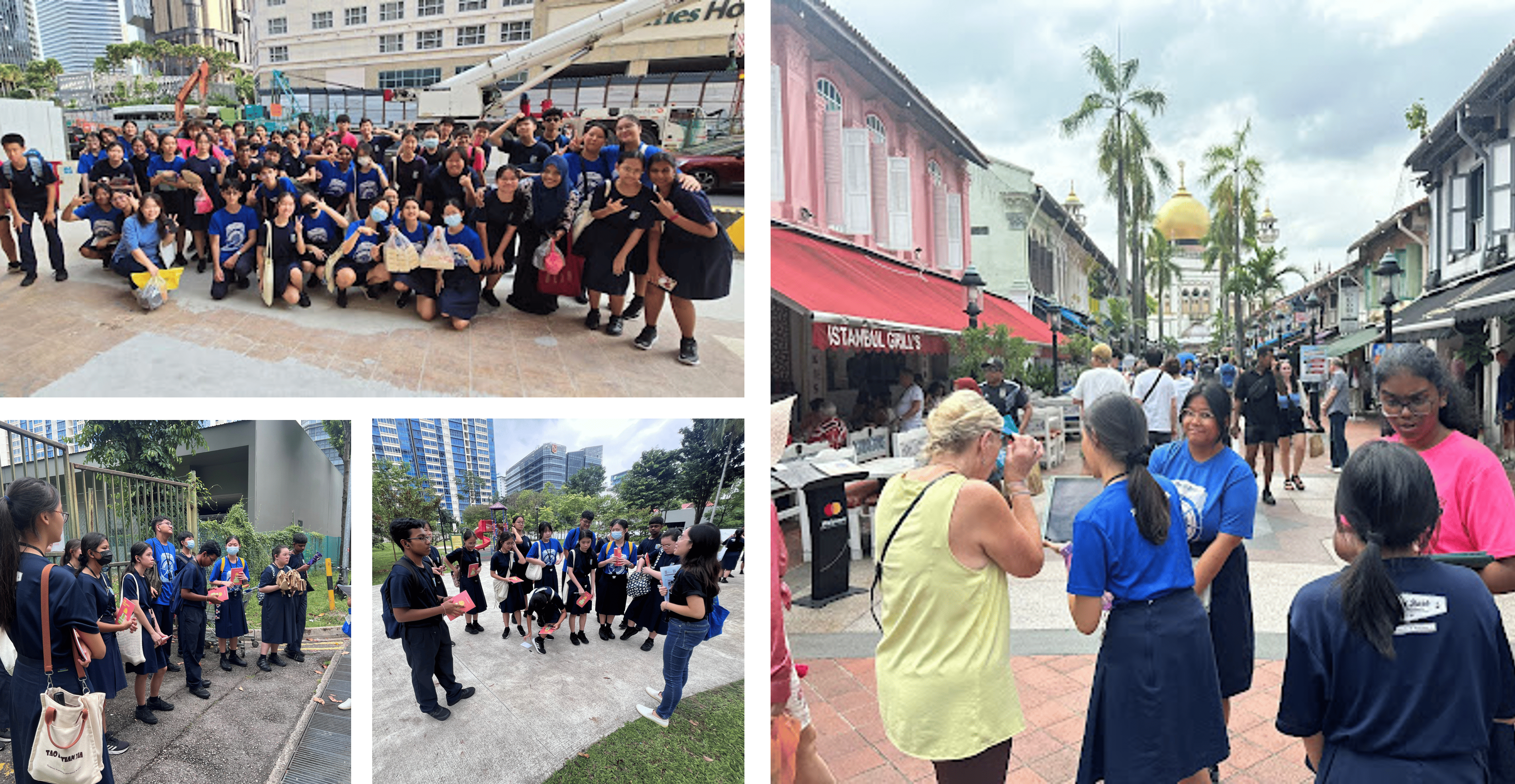 Collage of students in uniforms posing and chatting with pedestrians on a street near a golden-domed mosque.