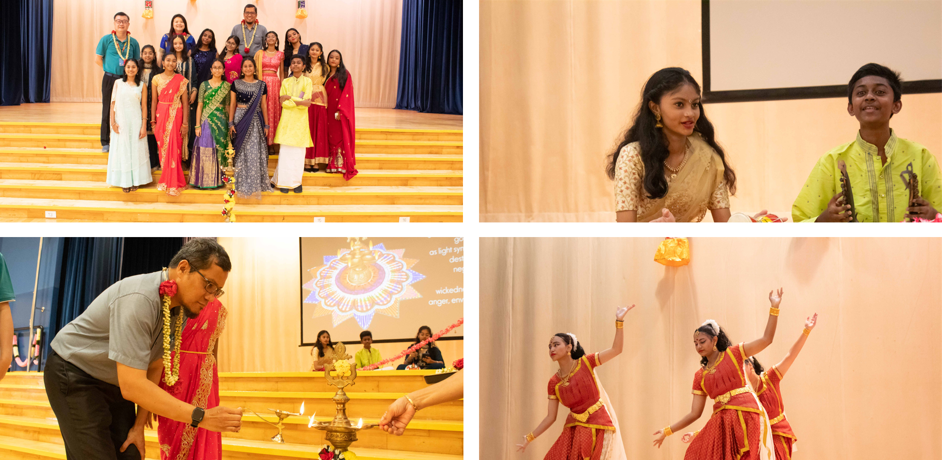 Four scenes from a Diwali celebration showing group photo, young performers, lamp lighting, and classical dancers in red costumes.
