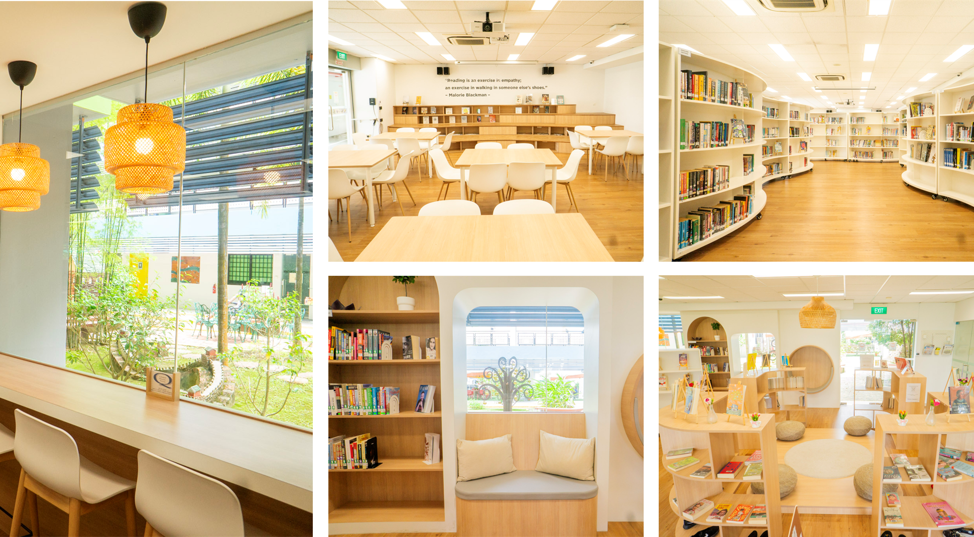Collage of bright library spaces with tables, bookshelves, reading nook, and window seats with hanging lights.
