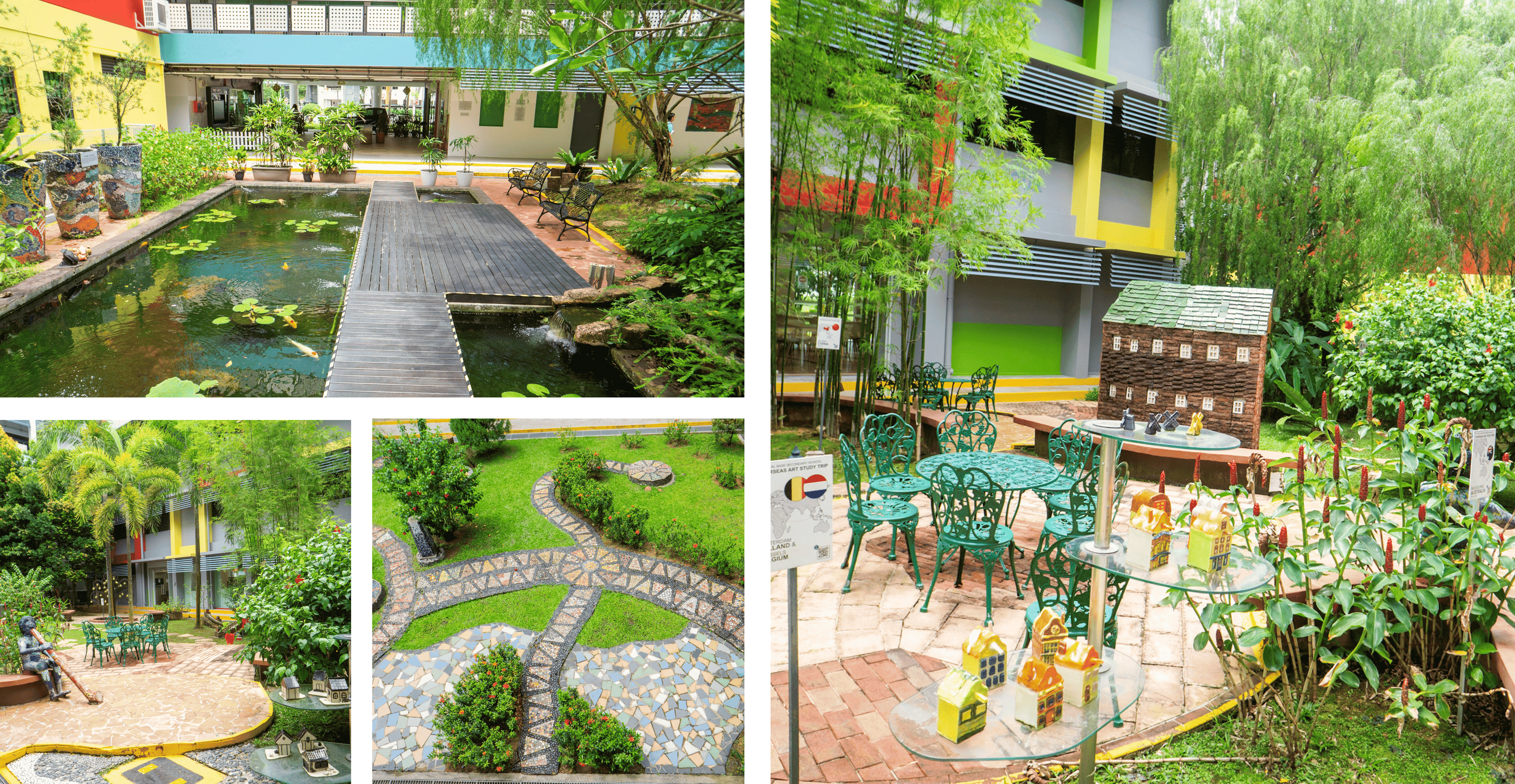 Collage of a lush courtyard with lily pond walkway, garden paths, green chairs and small house models.