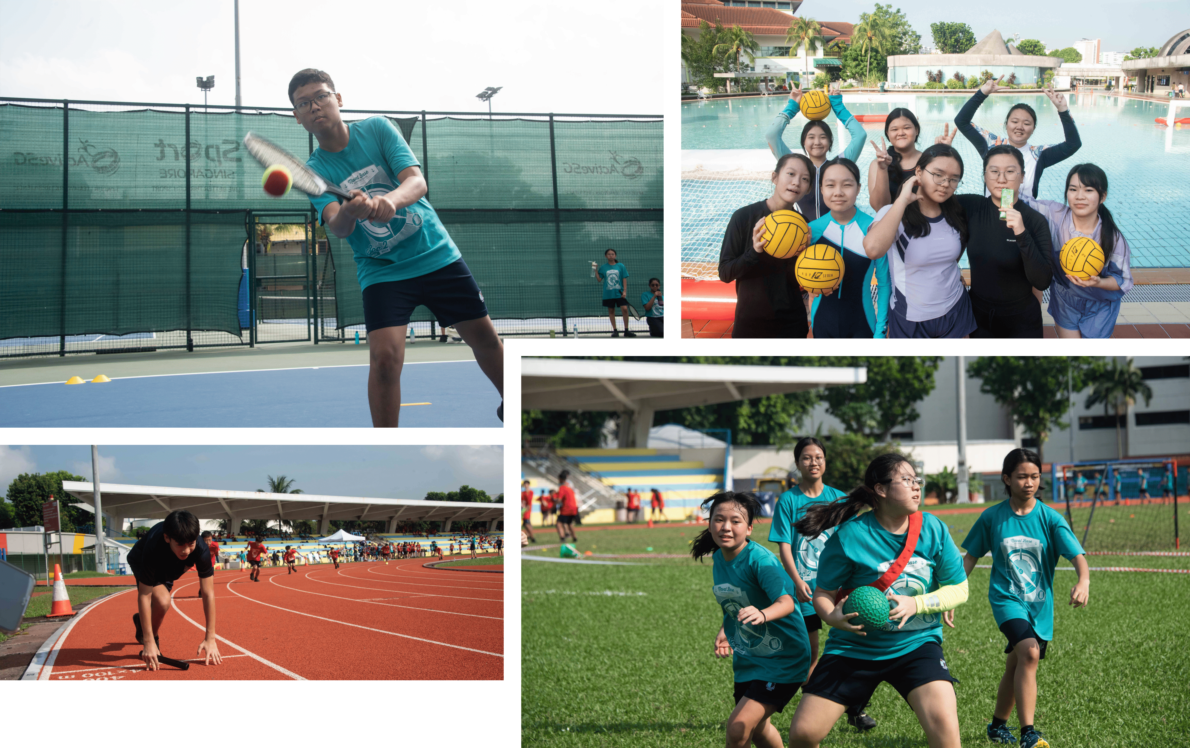 Collage of sports: tennis swing, group by pool with water polo balls, runner at track start, girls playing on field.