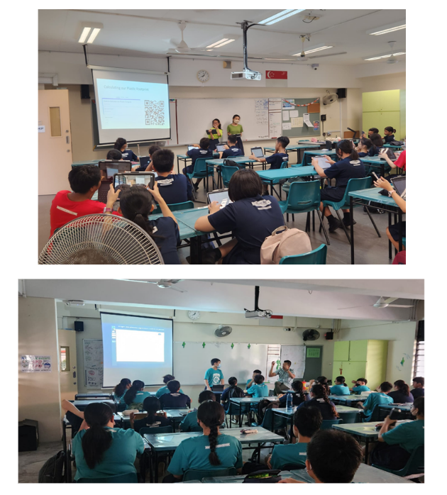 Two classroom scenes with students in uniforms seated at desks, facing teachers presenting on projector screens.
