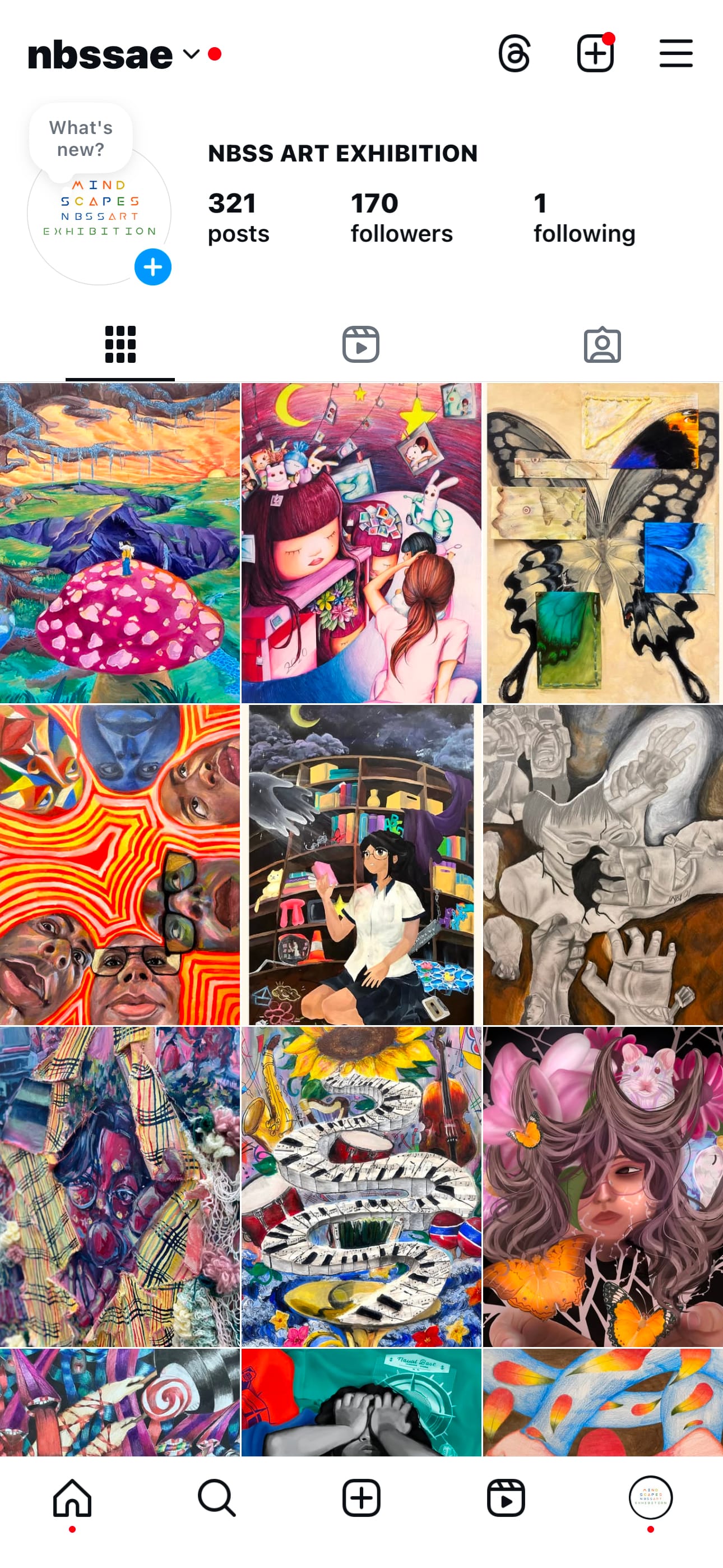 Instagram profile for NBSS Art Exhibition showing a grid of colorful student artworks with 321 posts and 170 followers.