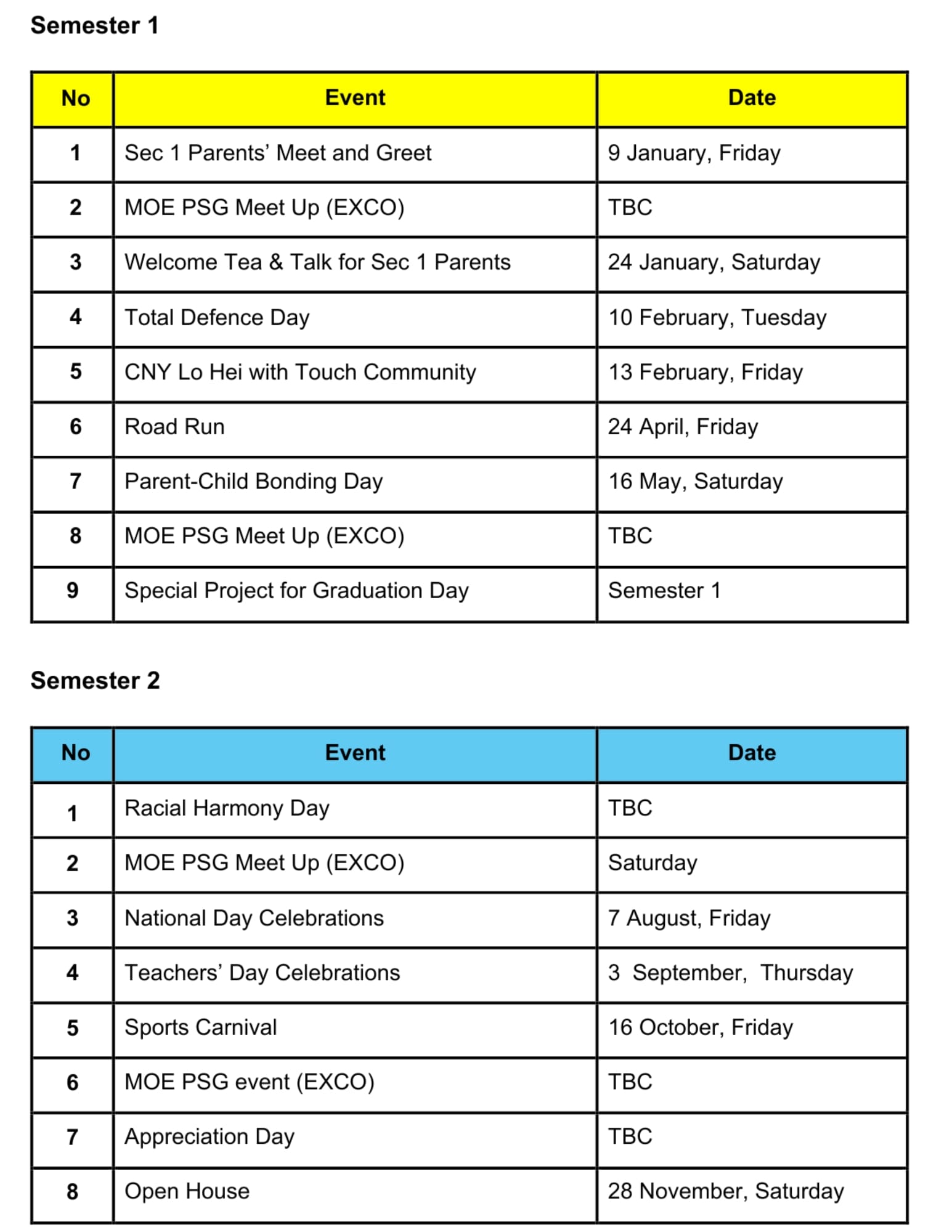 Two tables listing school events and dates for Semester 1 (yellow header) and Semester 2 (blue header).