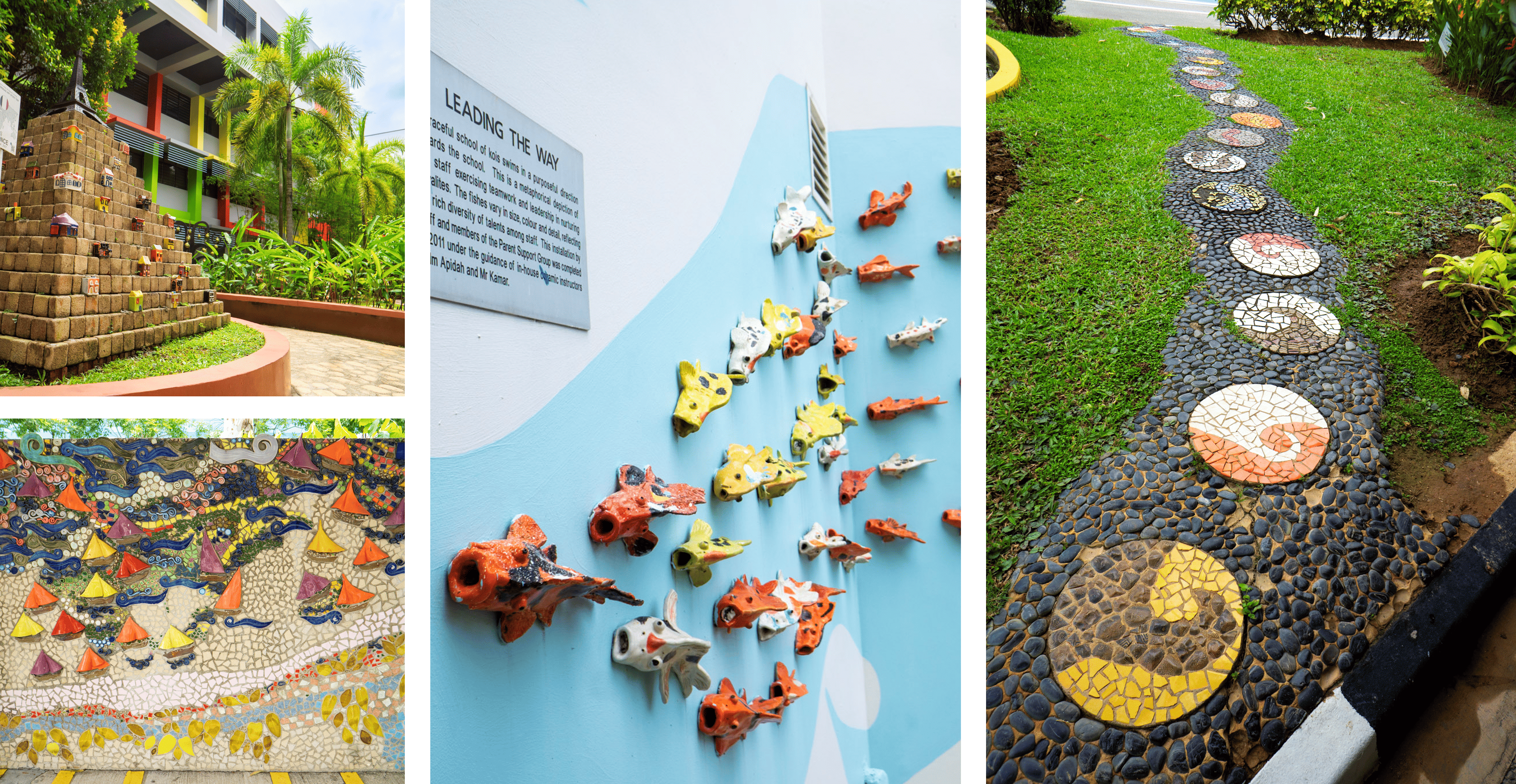 Collage of outdoor art: brick pyramid, fish wall sculpture, mosaic mural, and pebble path with circle mosaics.