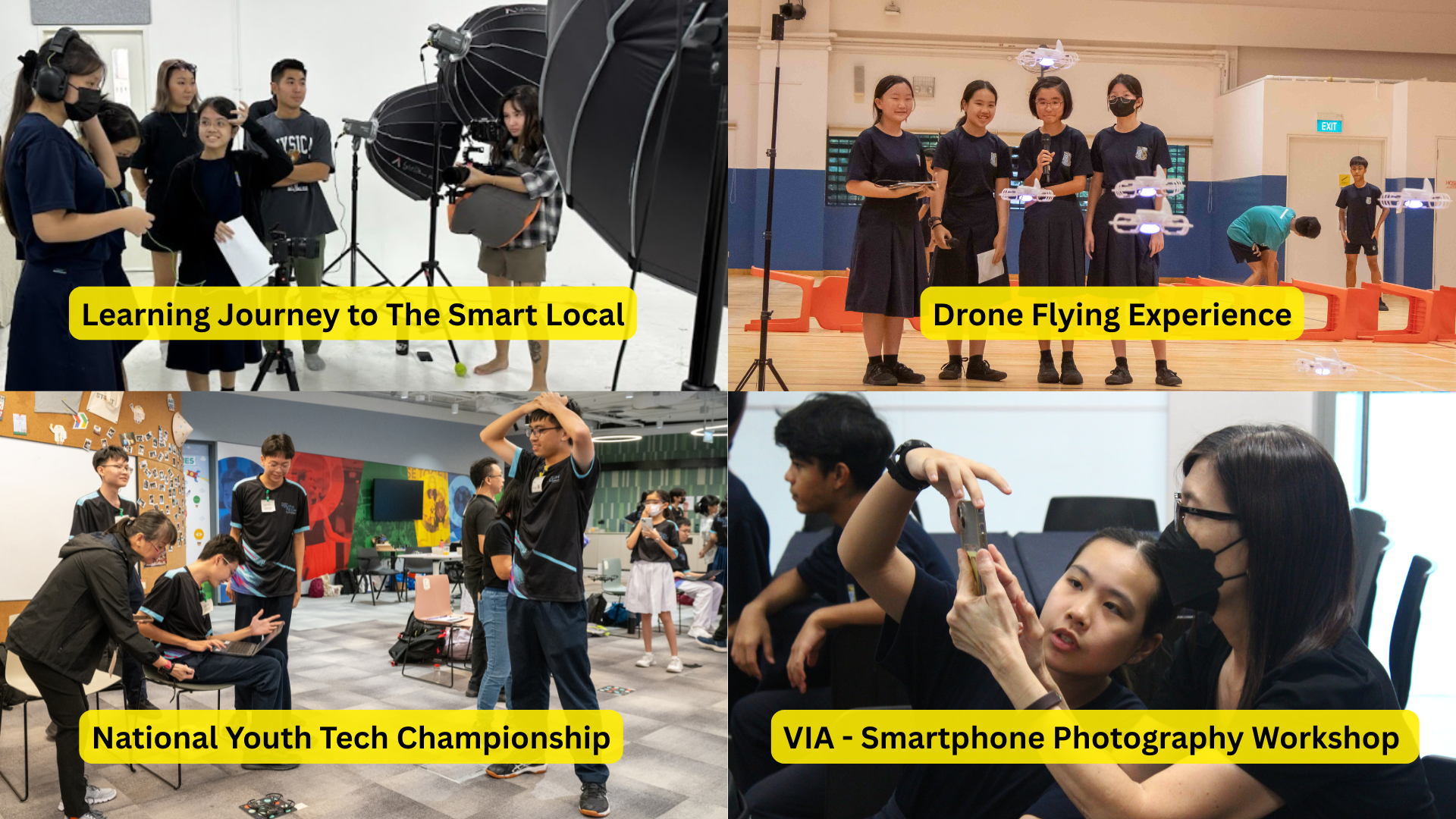 Four student activities: Smart Local visit, drone flying, tech championship, and smartphone photography workshop.