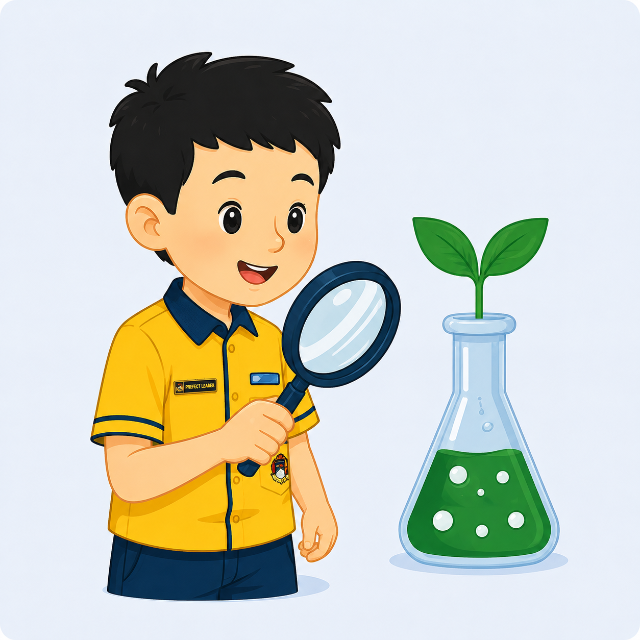 boy in yellowing uniform investigating a plant inside the flask