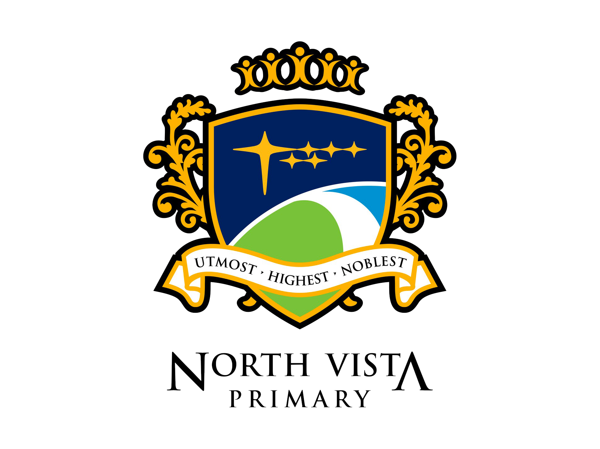 Shield crest with gold border, blue and green design, stars, motto "Utmost Highest Noblest," above "North Vista Primary" text.