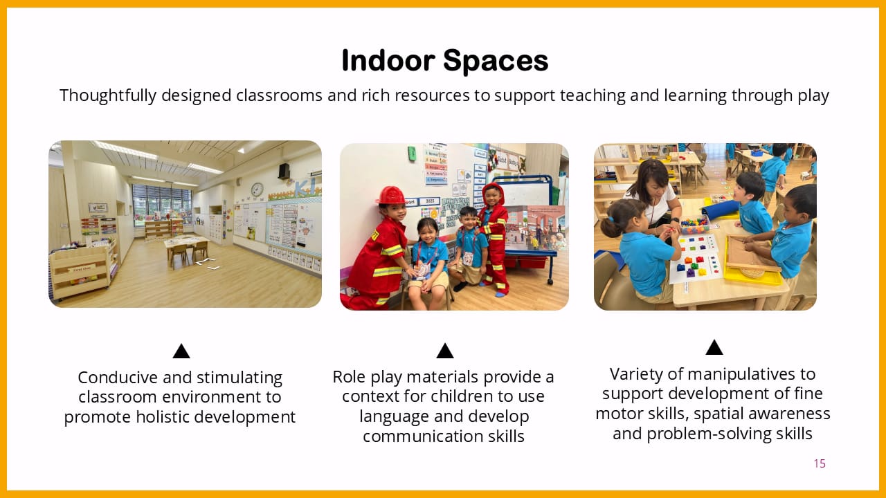 Slide titled Indoor Spaces showing a classroom, children in firefighter costumes, and kids doing table activities.