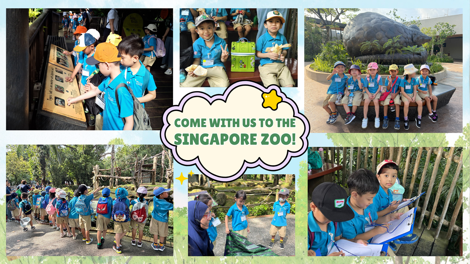 Students in blue uniforms on a learning journey to the Singapore Zoo, observing animals and completing worksheets