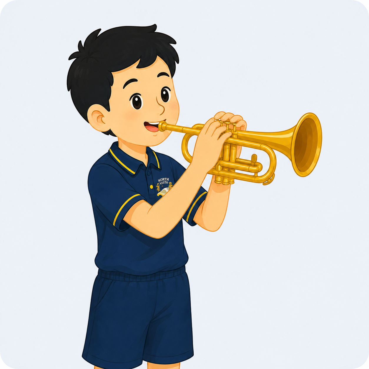 boy in navy top blowing the trumpet