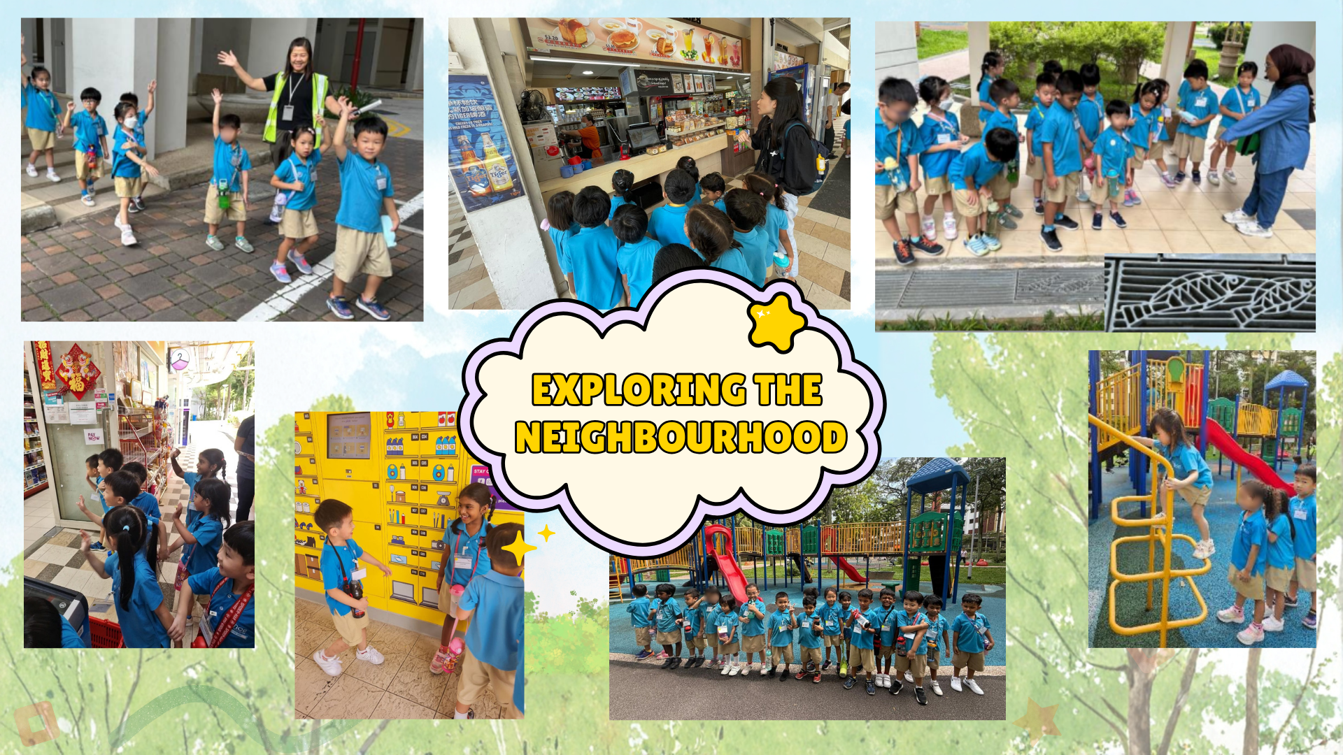 Students in blue uniforms exploring the neighbourhood, visiting a convenience store, playground, and community spaces