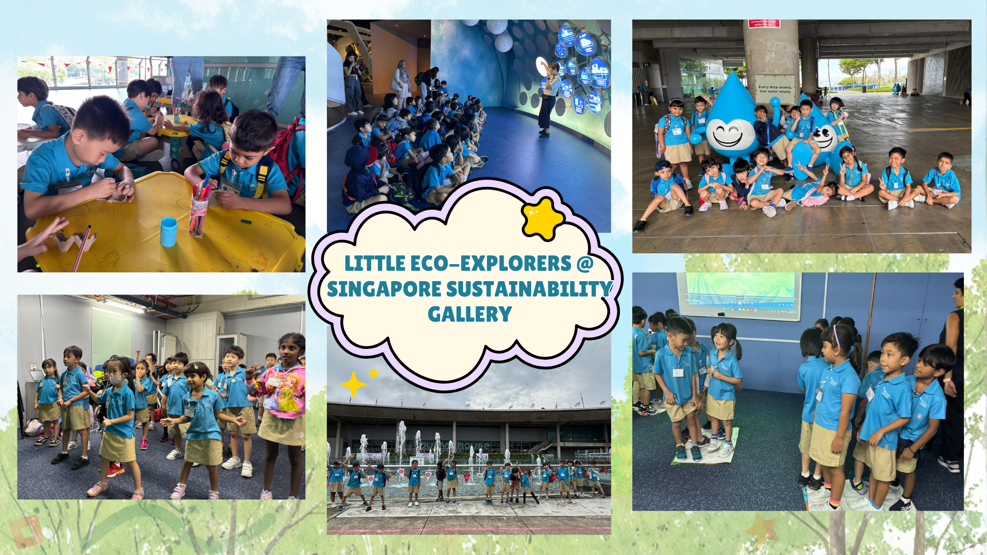 Students on a learning journey to the Singapore Sustainability Gallery, taking part in activities and posing with a water droplet mascot