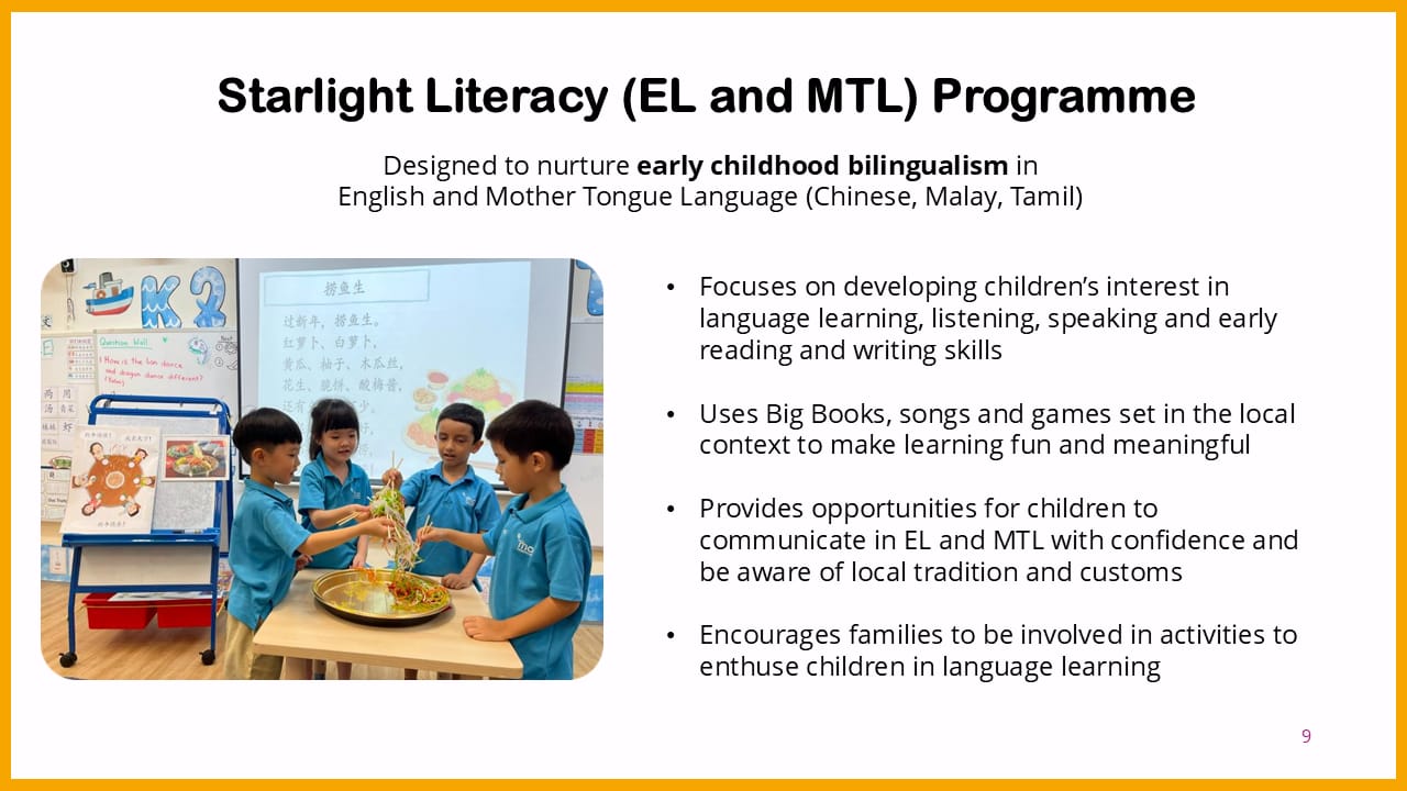 Slide about Starlight Literacy Programme showing four young children in blue uniforms doing a hands-on activity in a classroom.