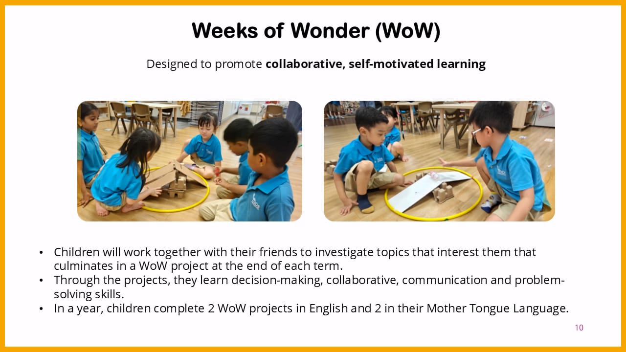 Slide titled Weeks of Wonder showing children in blue uniforms building cardboard structures on a classroom floor.