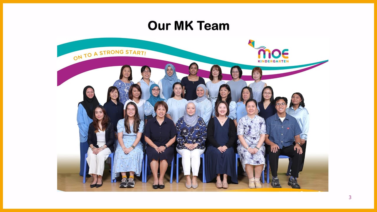 Slide titled Our MK Team showing a group photo of about 20 staff members posing together with MOE Kindergarten branding.