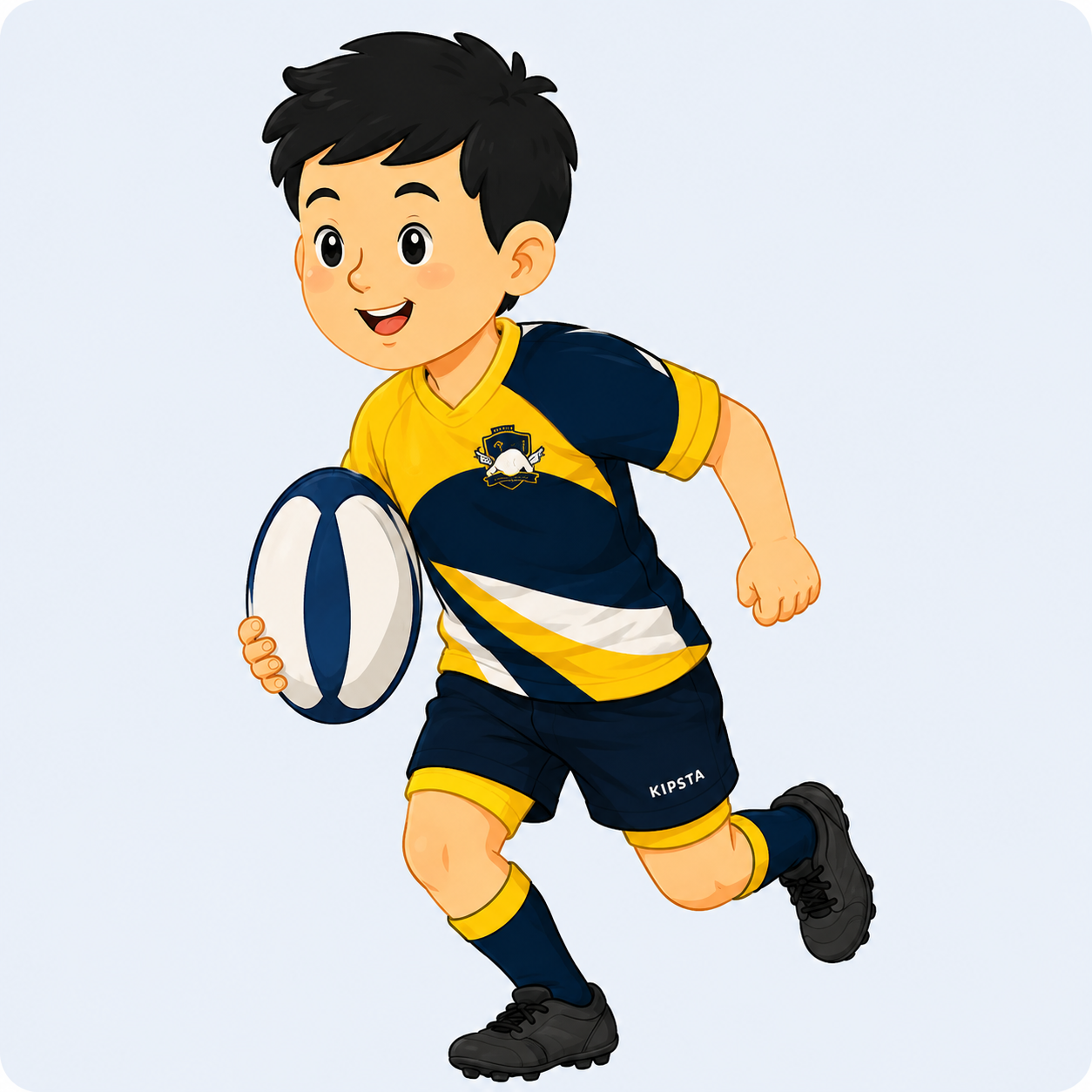 boy in navy and yellow rugby uniform running with the rugby ball