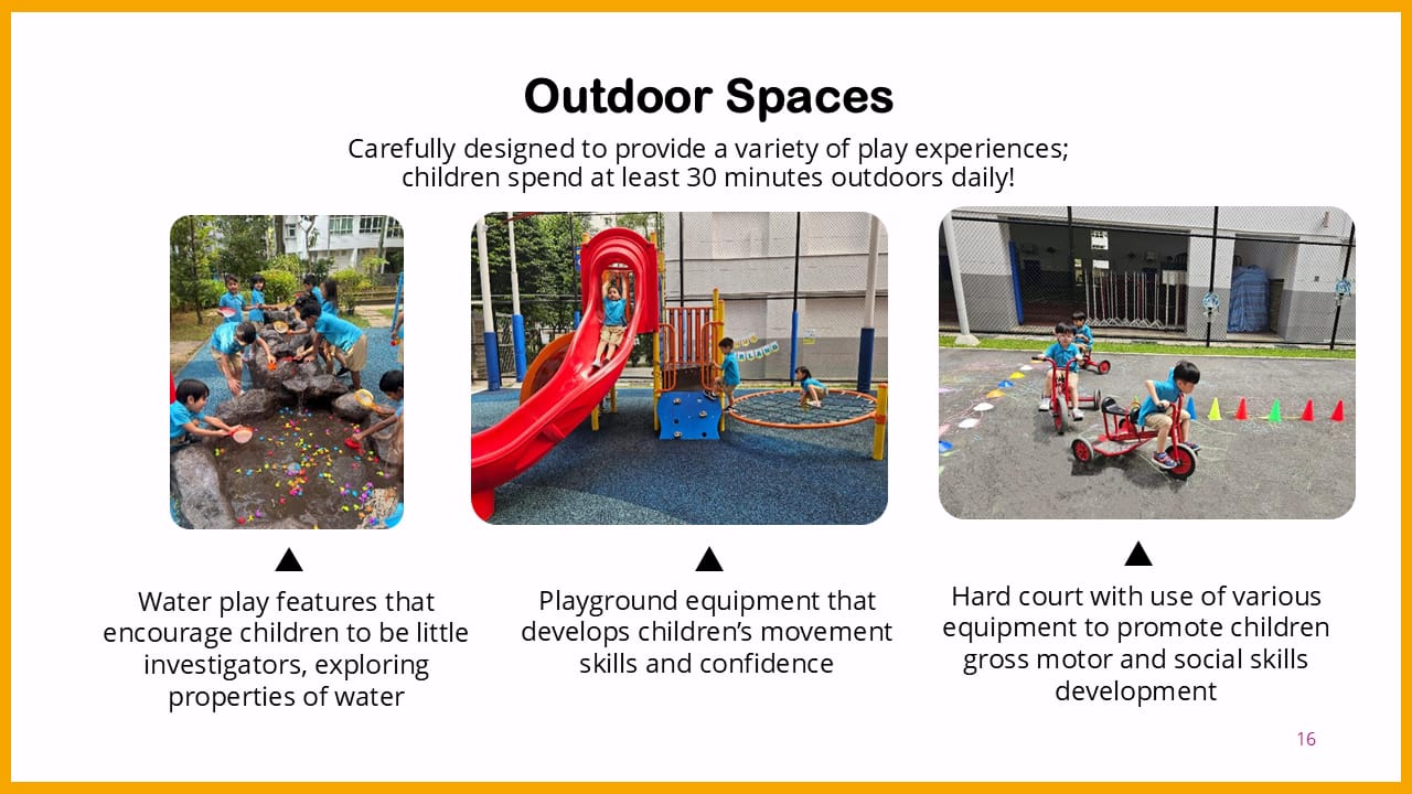 Slide titled Outdoor Spaces showing children at water play, a red slide playground, and a hard court with tricycles.