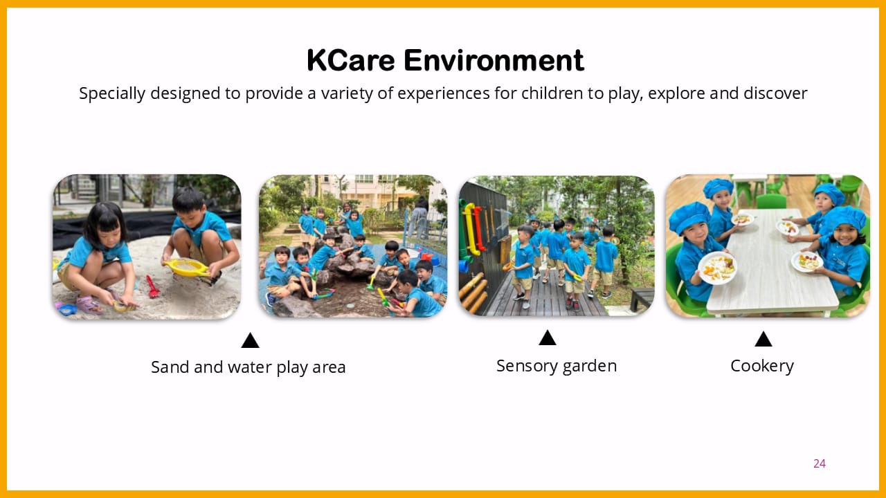 Slide titled KCare Environment showing four photos of young children in sand play, outdoor exploration, sensory garden, and cookery.