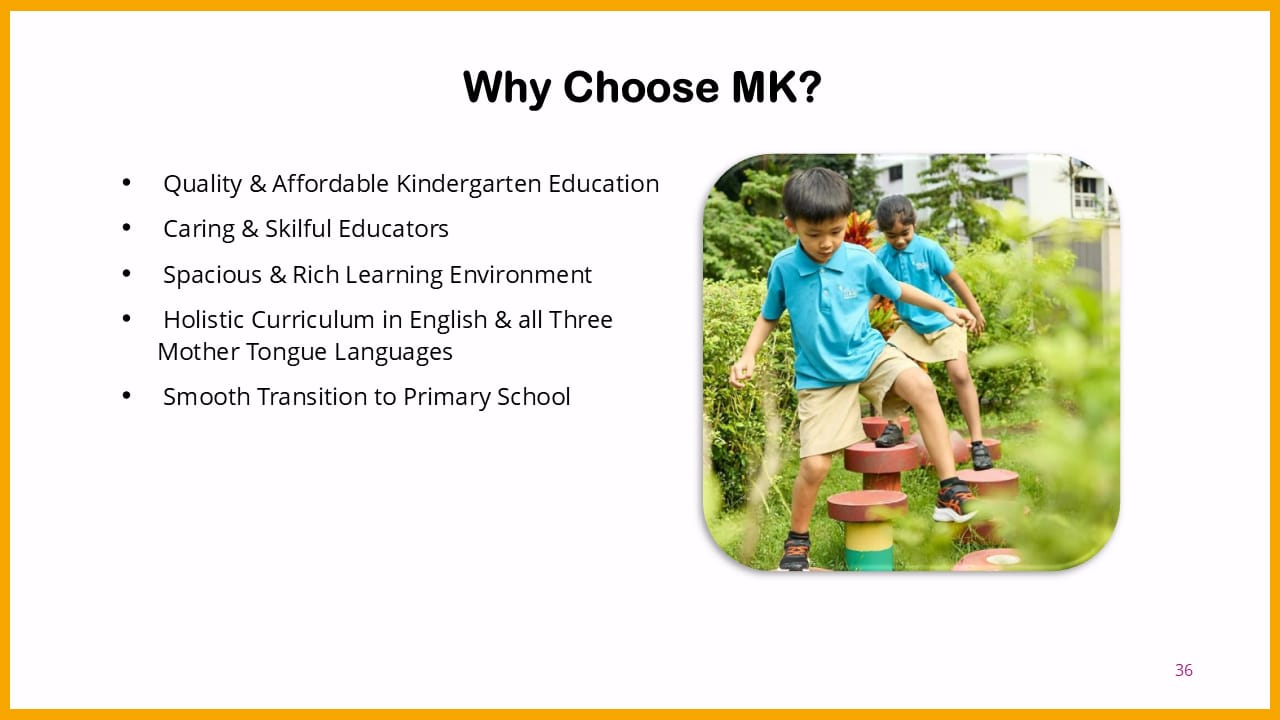Slide titled "Why Choose MK?" with bullet points and two boys in blue uniforms stepping on outdoor playground stumps.