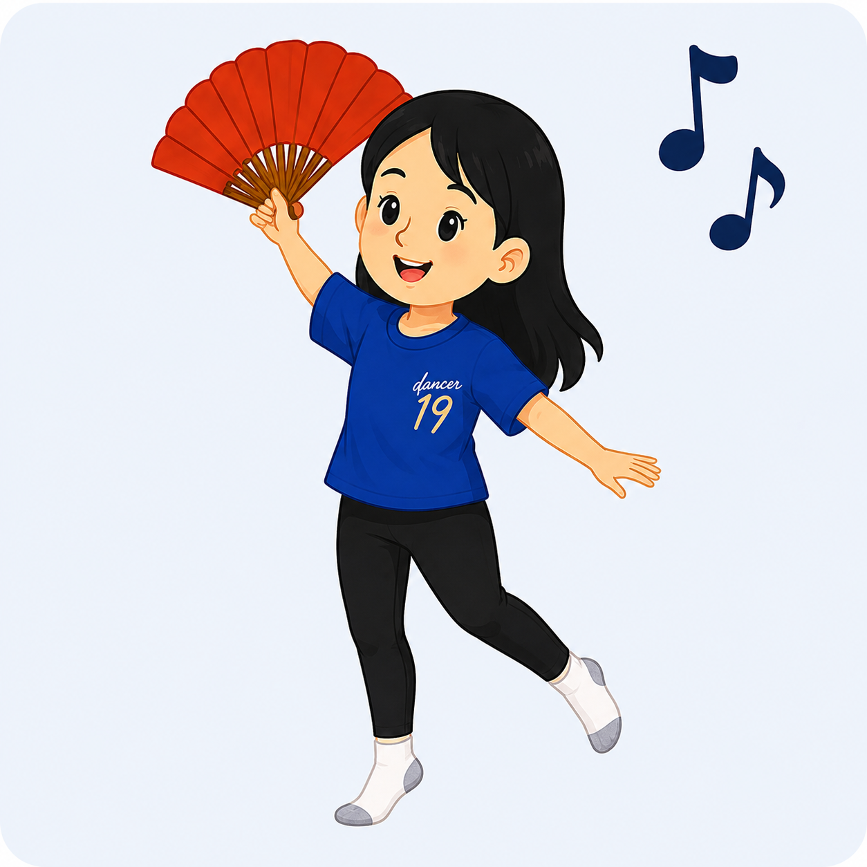 girl wearing blue top and black tights holding onto a red fan and dancing to the music