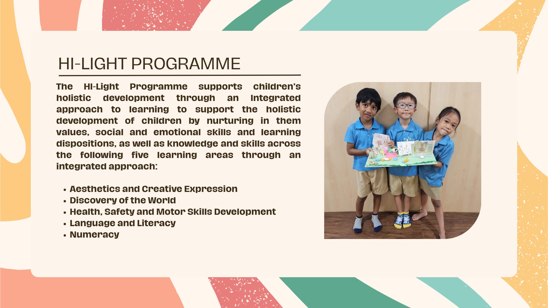 Three young children in blue uniforms hold a colorful craft project beside text about the HI-Light Programme.