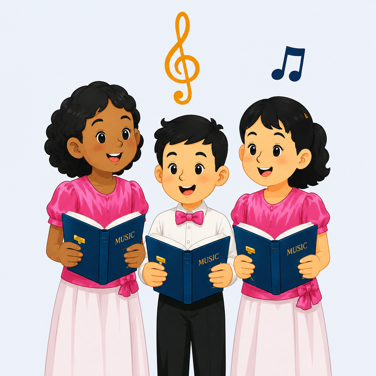 a group of boy in white and girls in pink singing