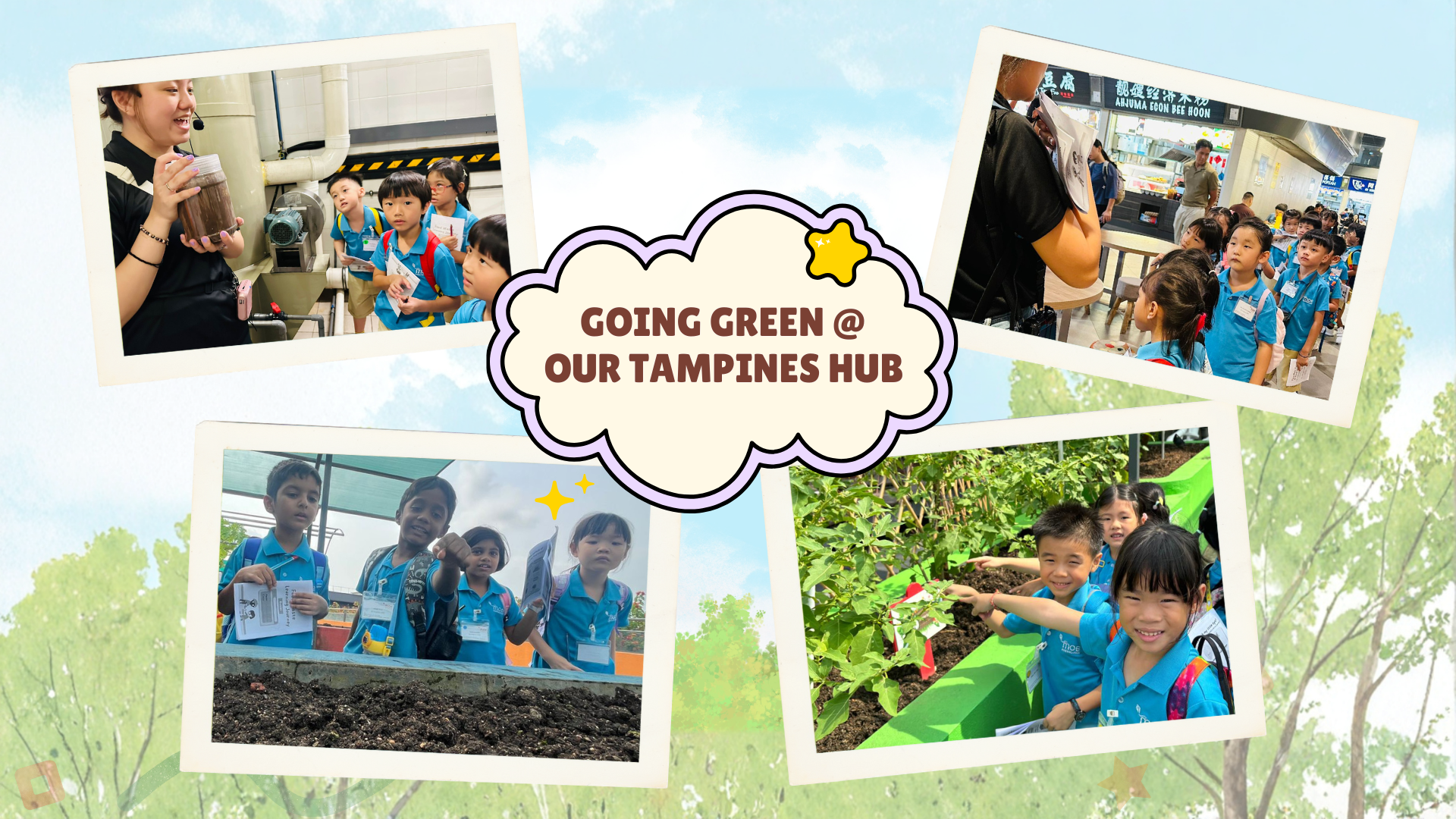Children on a green learning tour at Our Tampines Hub, exploring composting, urban farming, and sustainability at a hawker centre