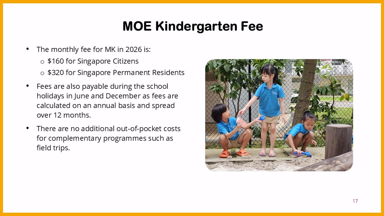 Slide titled MOE Kindergarten Fee with bullet points on fees and three children in blue uniforms playing outdoors.