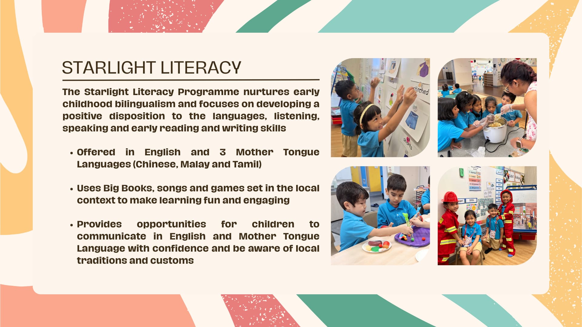 Starlight Literacy programme slide showing young children in blue uniforms doing classroom activities with a teacher.