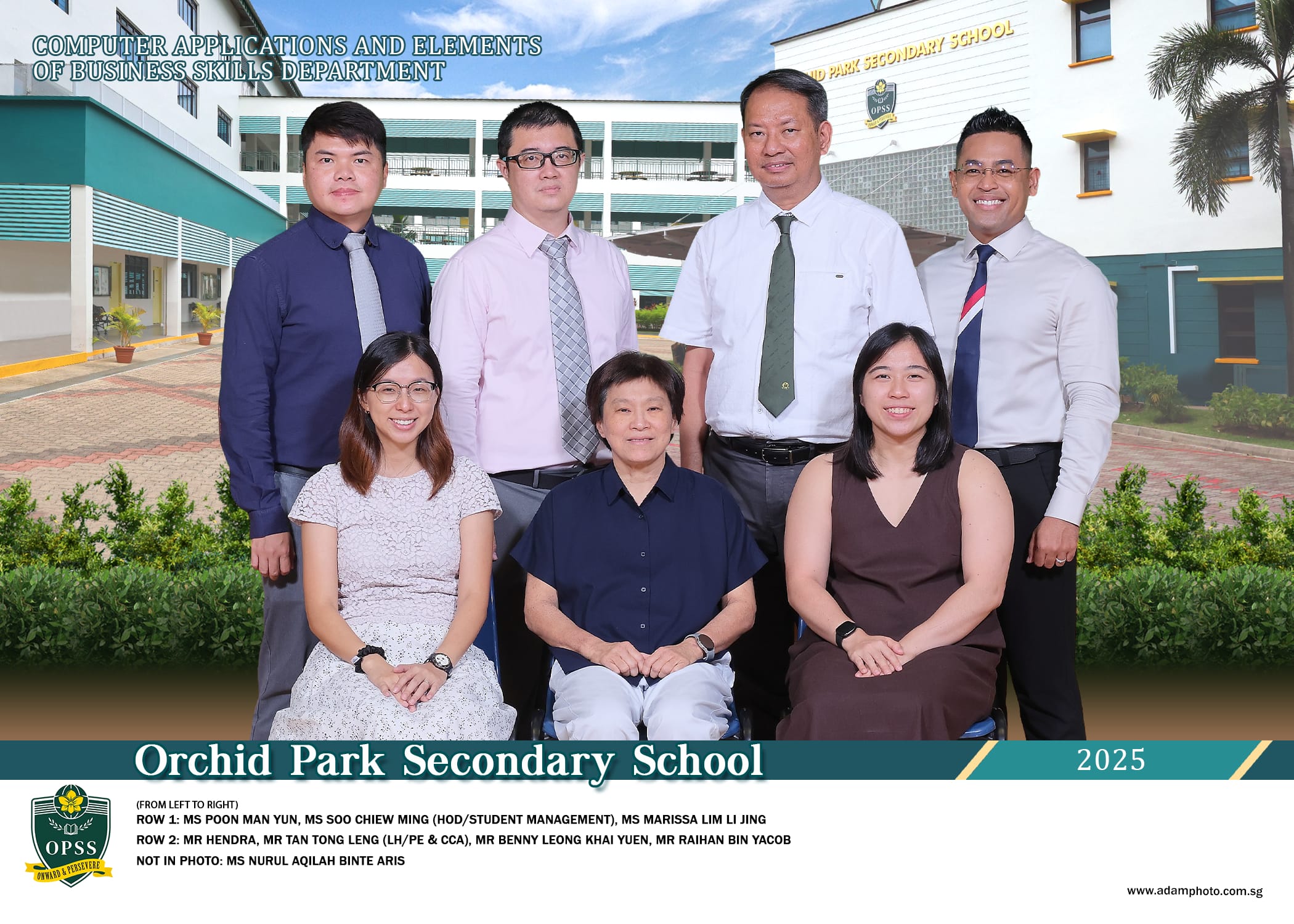 Seven staff members of Orchid Park Secondary School's Computer Applications and Business Skills Department pose for a 2025 group photo.
