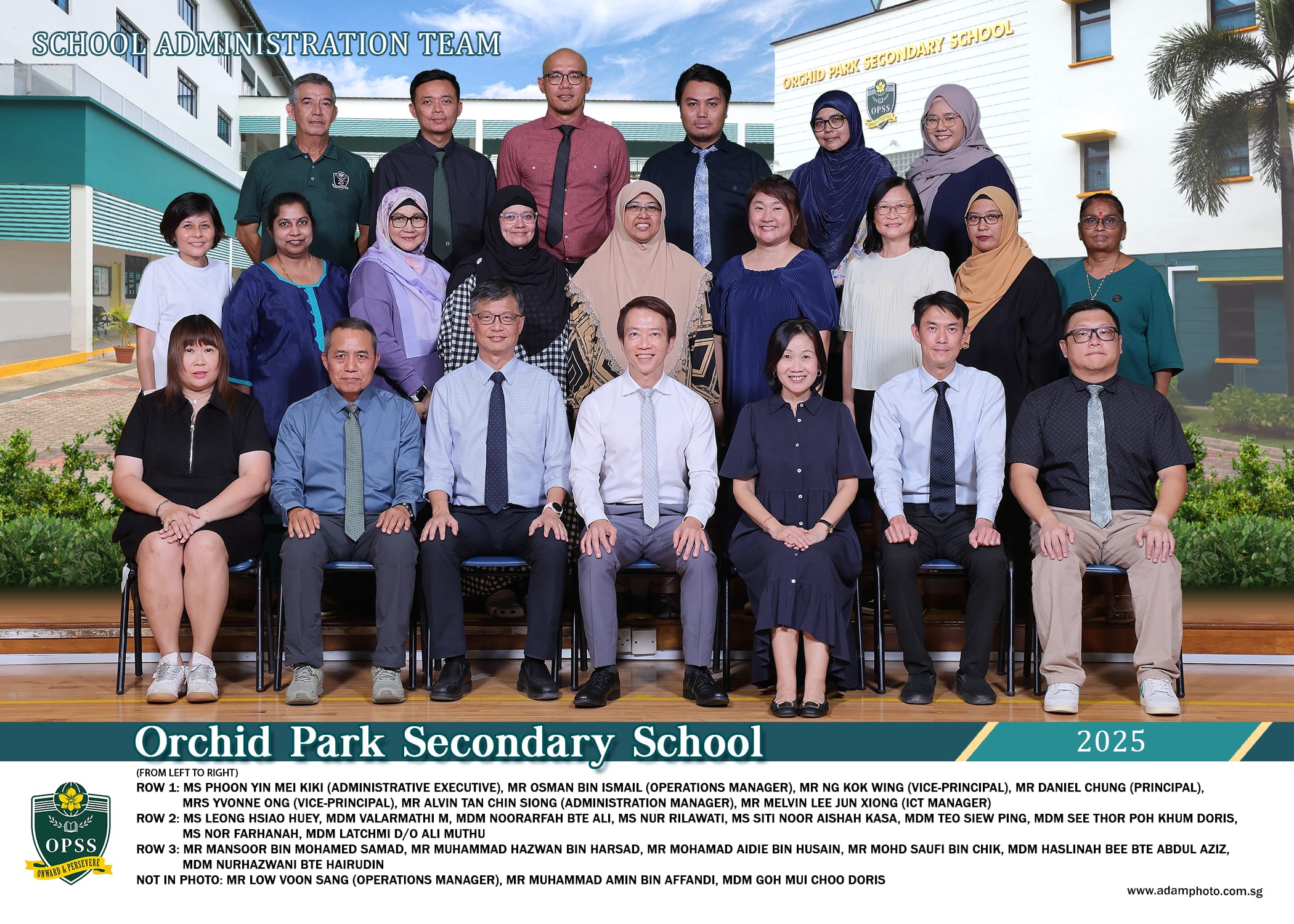 Orchid Park Secondary School 2025 administration team group photo with staff seated and standing in three rows outdoors.