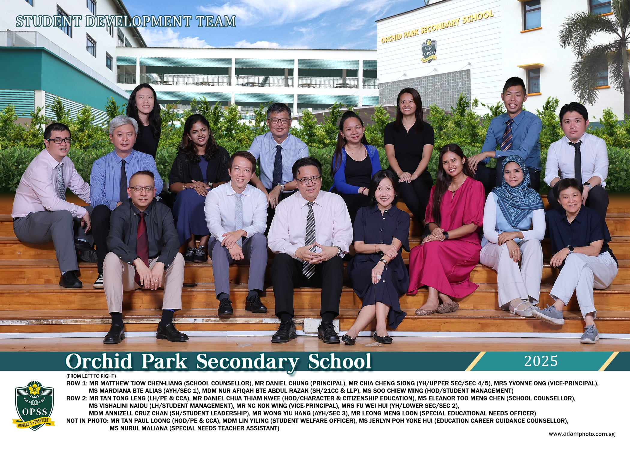 Group photo of Orchid Park Secondary School's 2025 Student Development Team posing on outdoor steps.