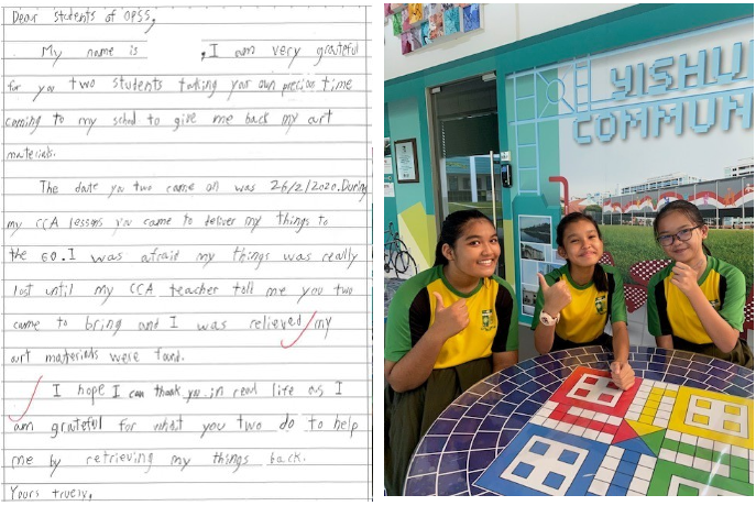 Three girls in yellow and green uniforms give thumbs up near a colorful mosaic table, beside a handwritten thank-you letter.