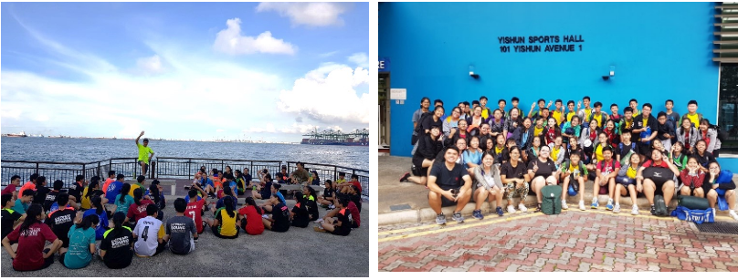Two photos: a group seated by the waterfront listening to a speaker, and a large group posing at Yishun Sports Hall.