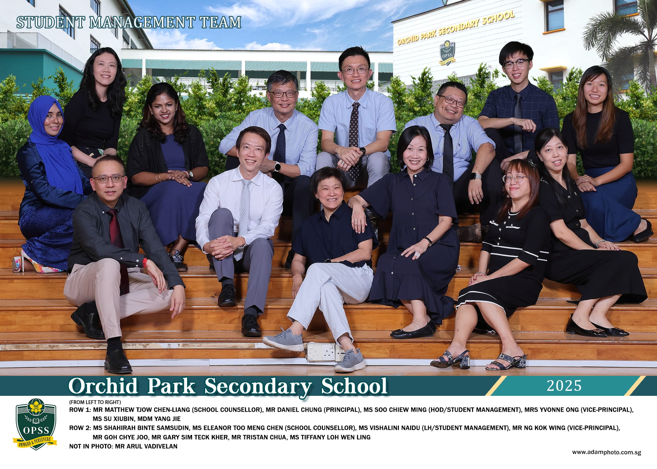 Group photo of Orchid Park Secondary School Student Management Team 2025, posing on outdoor steps.