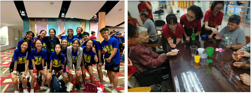 Two photos: a group in blue shirts posing together, and people in red shirts sitting with elderly individuals at a table.
