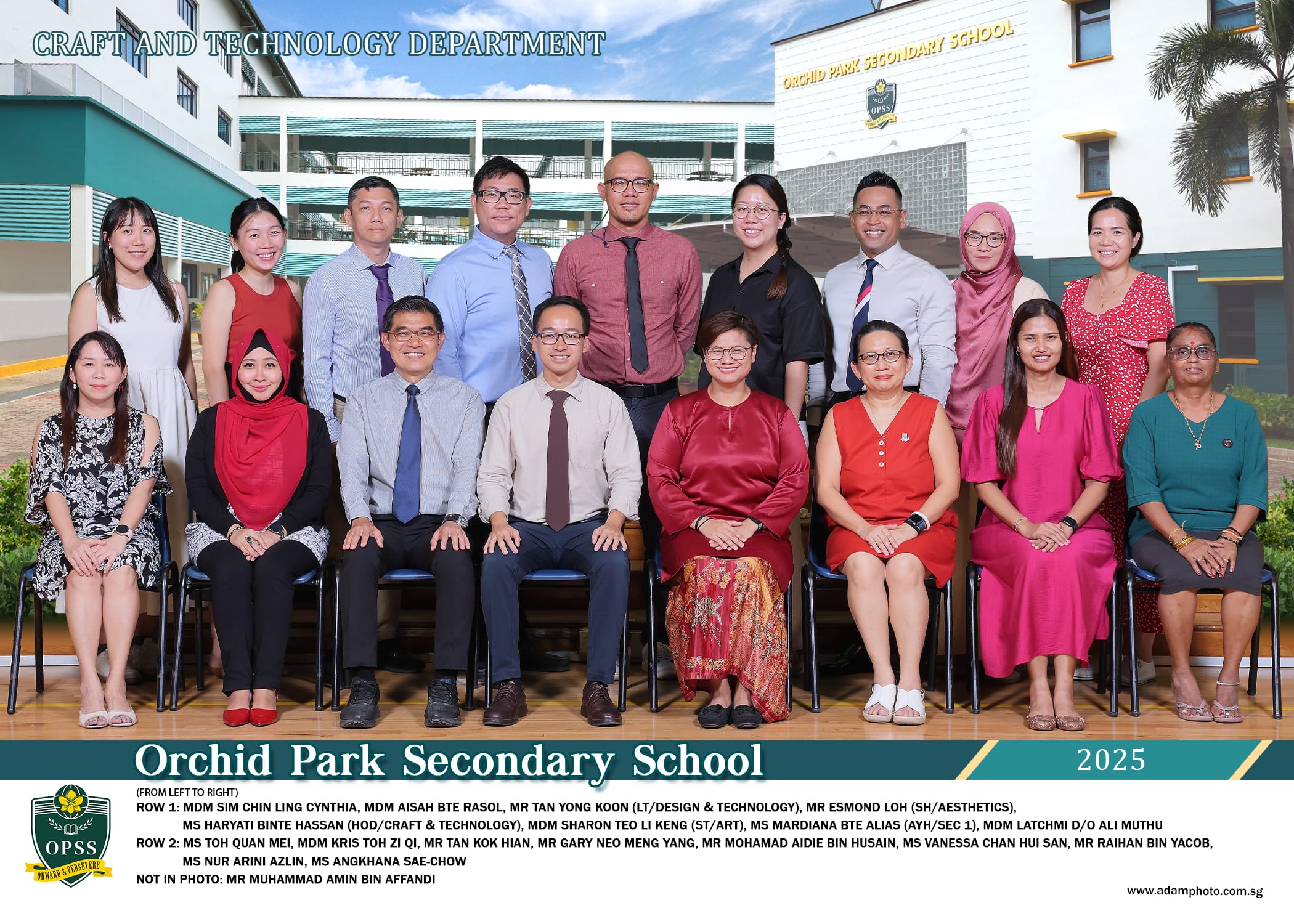Group photo of Orchid Park Secondary School Craft and Technology Department staff posing in two rows outdoors, 2025.