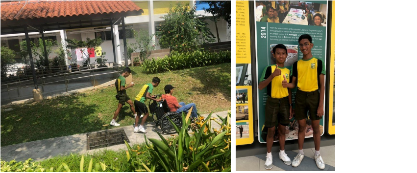 Two students in yellow-green uniforms help a peer in a wheelchair outdoors; two students pose smiling indoors near a display board.