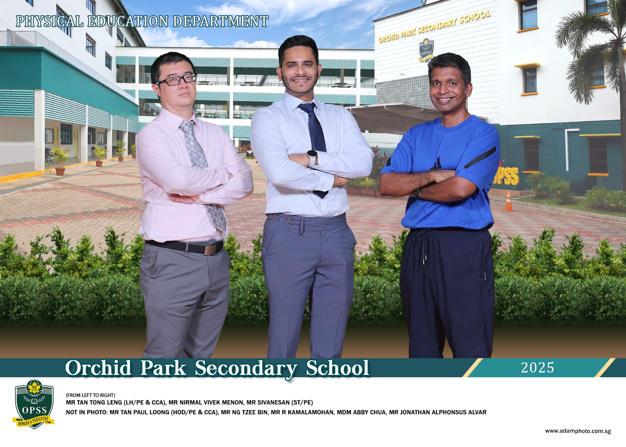 Three male PE teachers pose with arms crossed in front of Orchid Park Secondary School for a 2025 department photo.