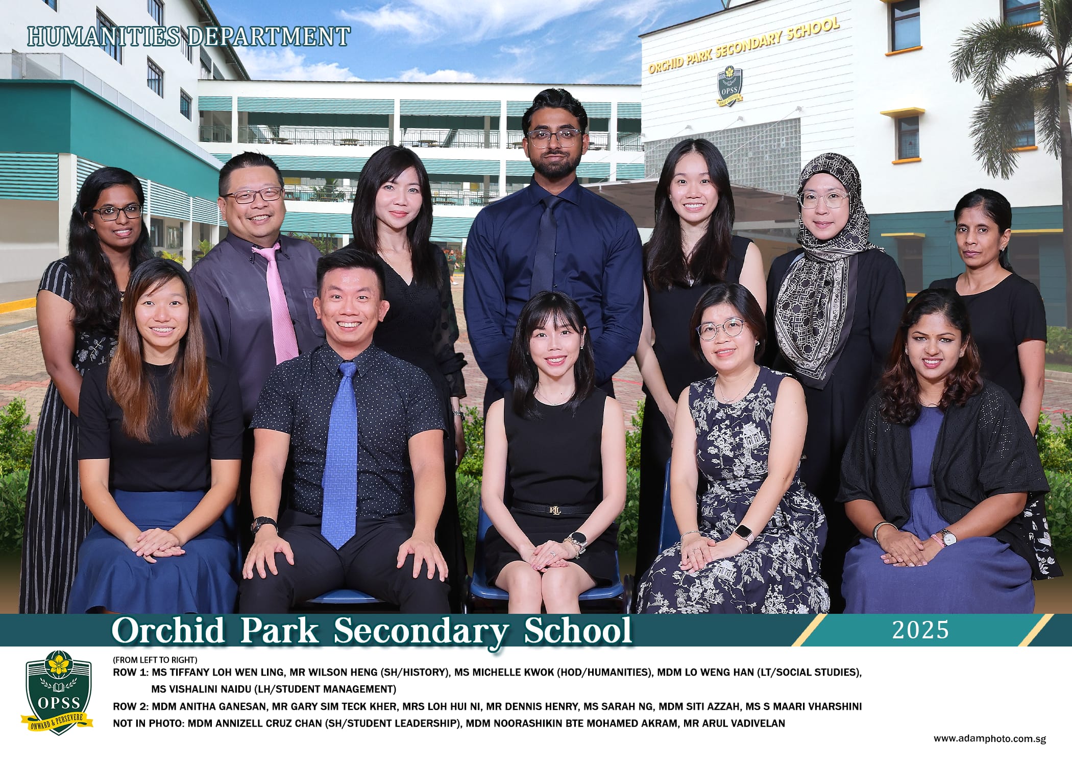 Orchid Park Secondary School Humanities Department staff group photo with 12 teachers posing in two rows, 2025.