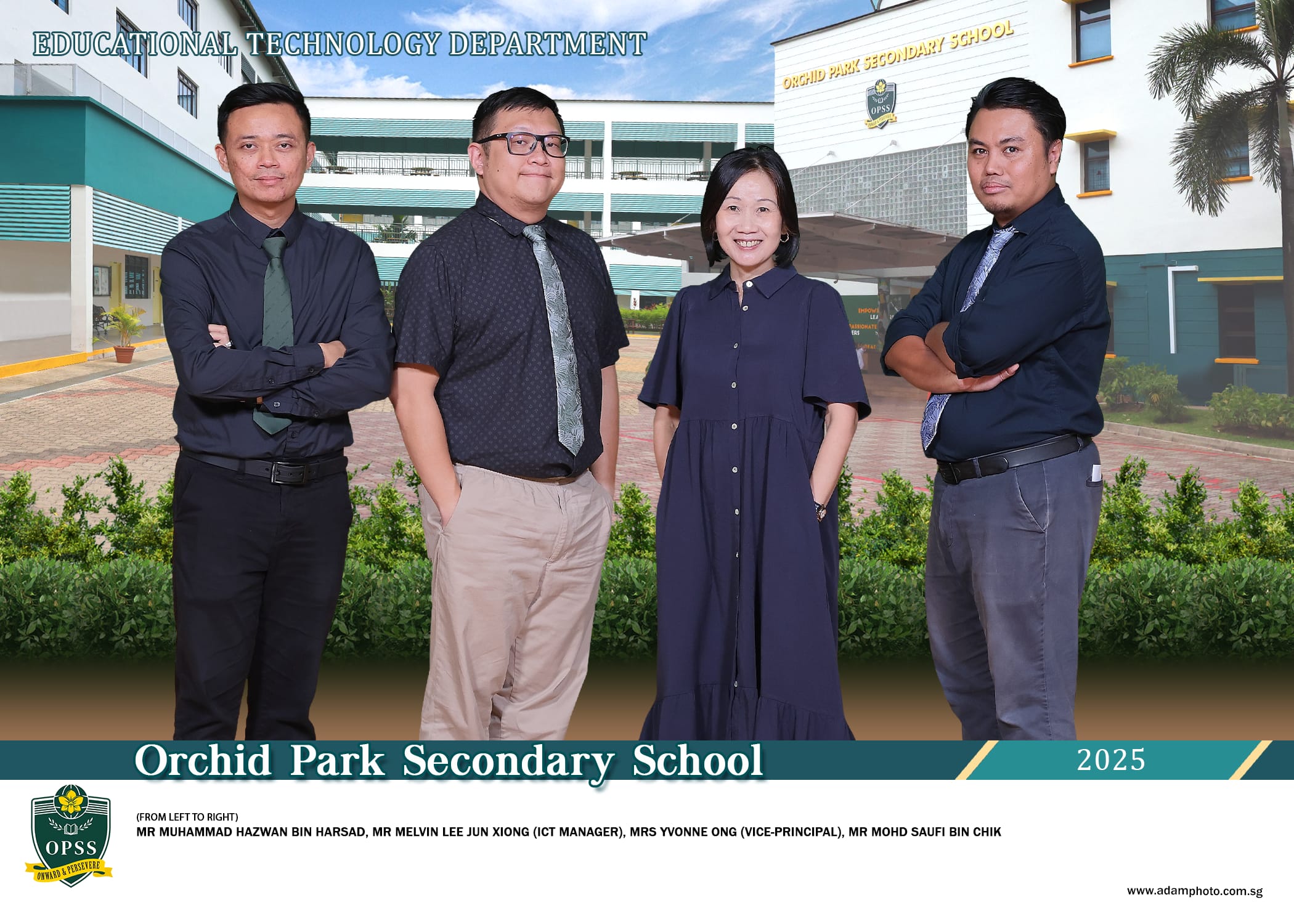 Four staff members of Orchid Park Secondary School's Educational Technology Department pose outdoors in 2025.