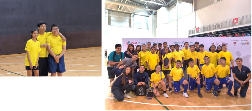 Two photos of youth in yellow shirts posing in an indoor sports hall at Play Inclusive 2019 event.