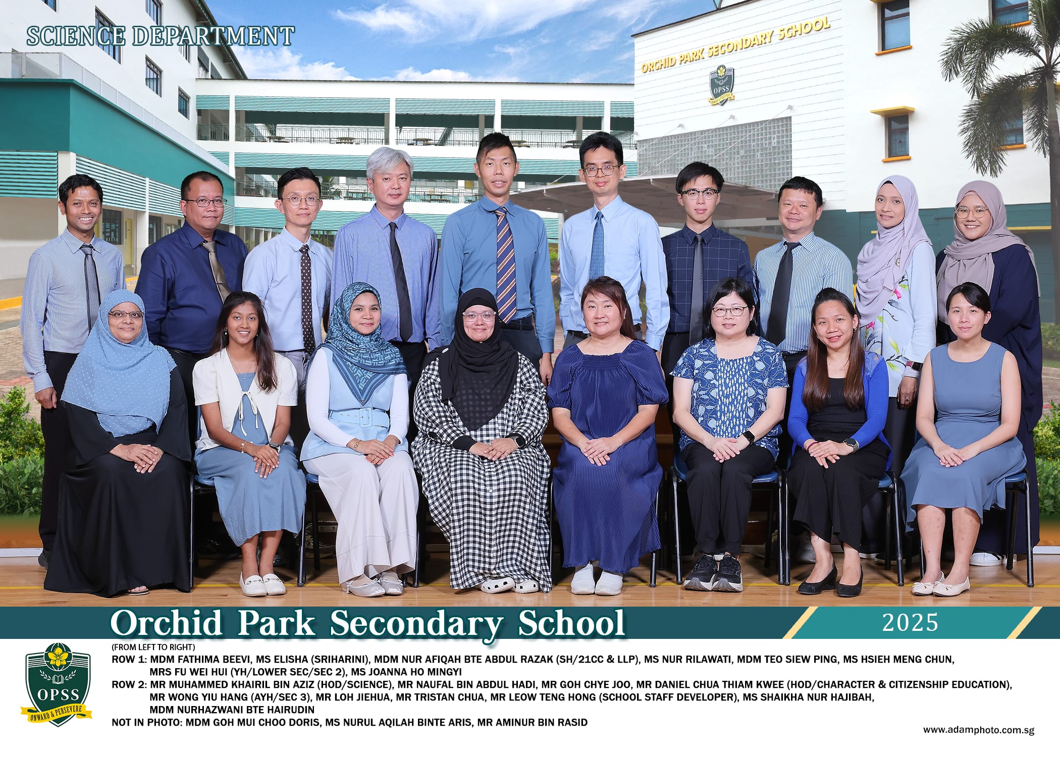 Orchid Park Secondary School Science Department 2025 group photo with staff in two rows outdoors.