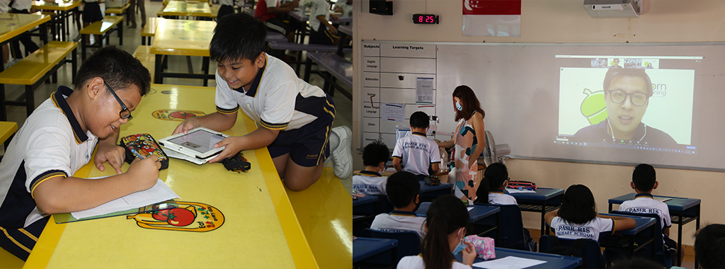 Two boys share a tablet at a yellow table; right shows students in class watching a video call on a projector screen.
