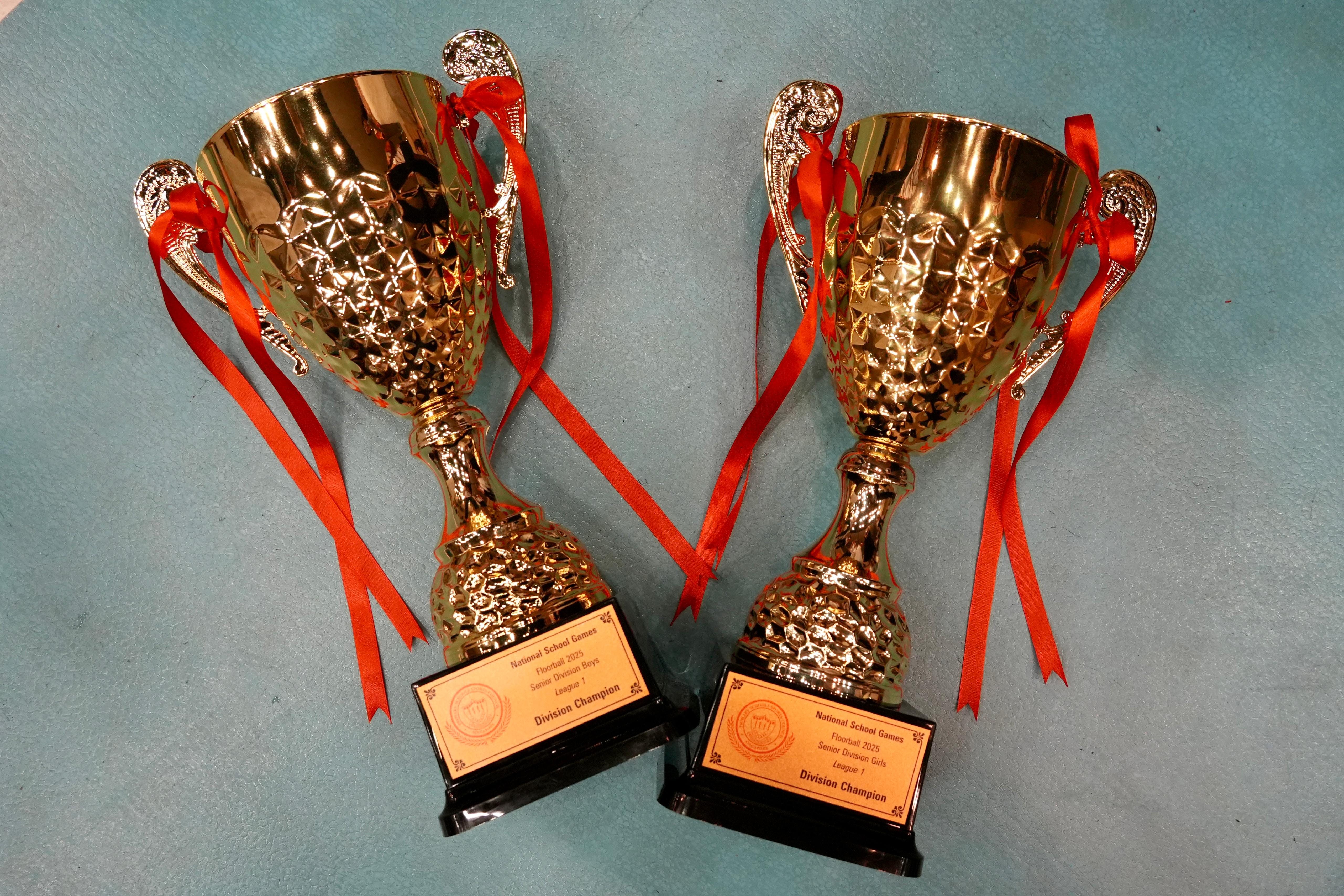 Two gold Division Champion trophies with red ribbons for National School Games Floorball 2025 on a teal surface.