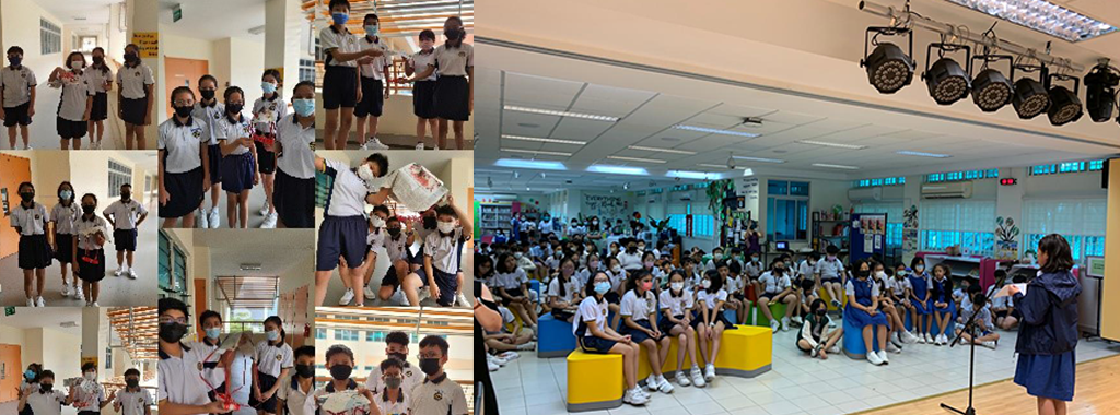 Students in school uniforms and masks gather in hallways and a large room where a speaker addresses a seated crowd.